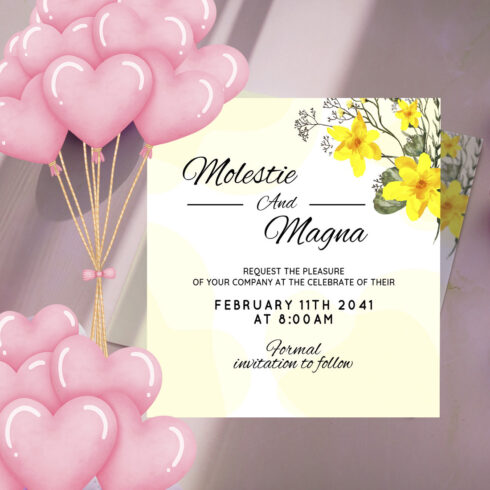 Image of colorful wedding invitation with yellow flowers.