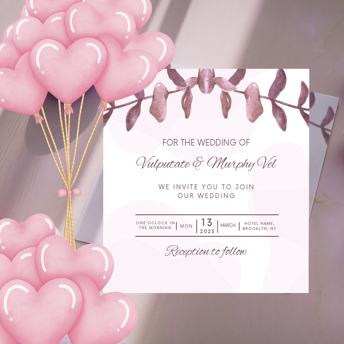 Image of irresistible wedding invitation with purple leaves.