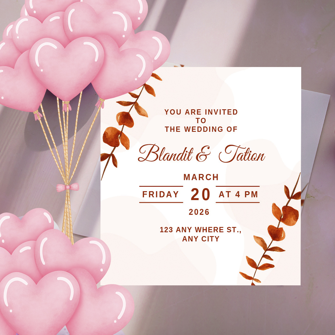 Image of exquisite wedding invitation with leaves.