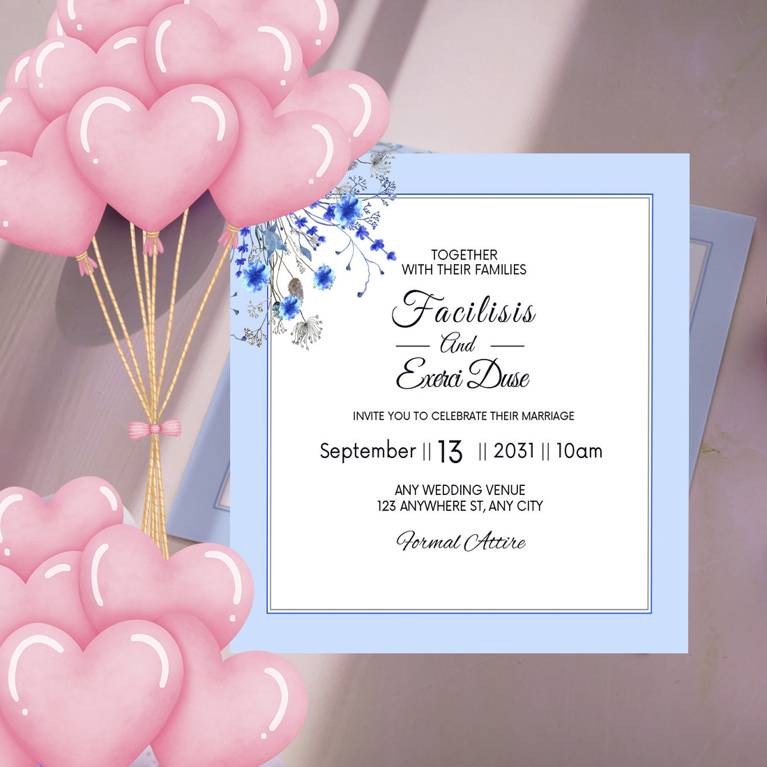 Blue Floral Design Wedding Card Vector preview.