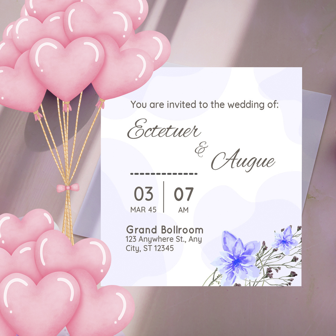 Image of elegant wedding invitation with watercolor blue flowers.