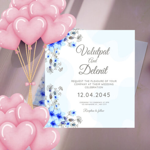 Blue Floral Wedding Invitation Card Template image cover.