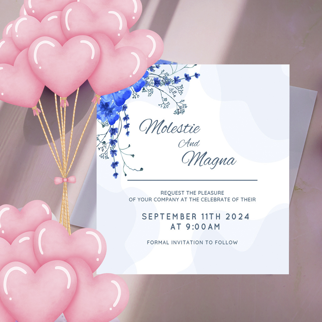 Blue Floral Happy Wedding Invitation Template preview.