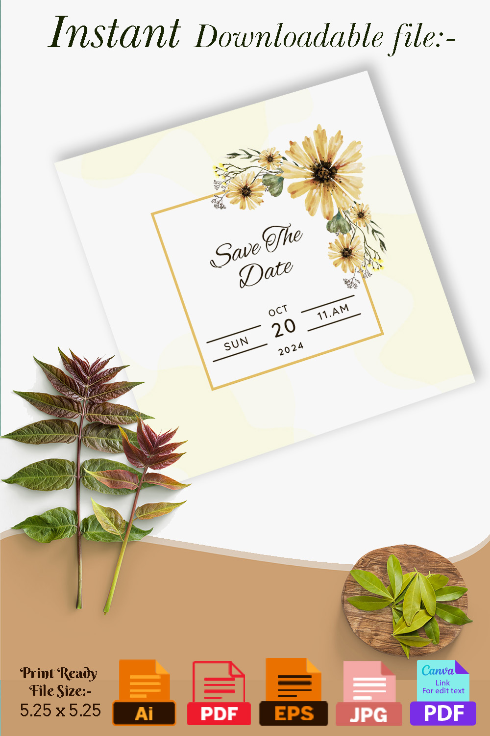 Camomile Yellow Wedding Card Design pinterest image.