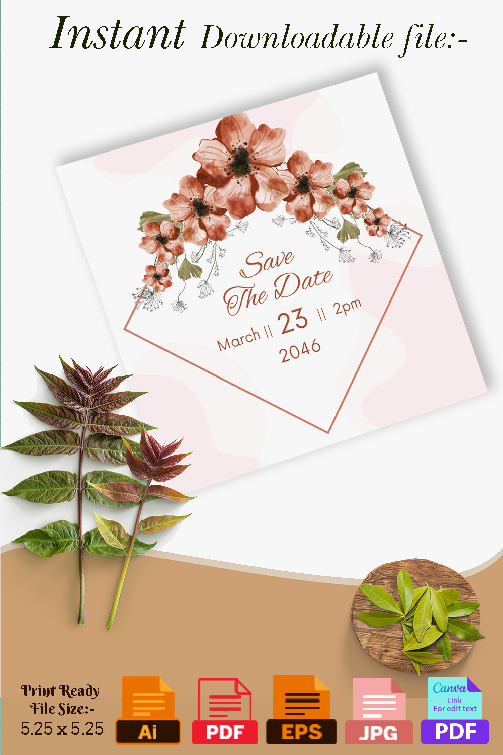 Watercolor Brown Florals Wedding Invitation Card Design pinterest image.
