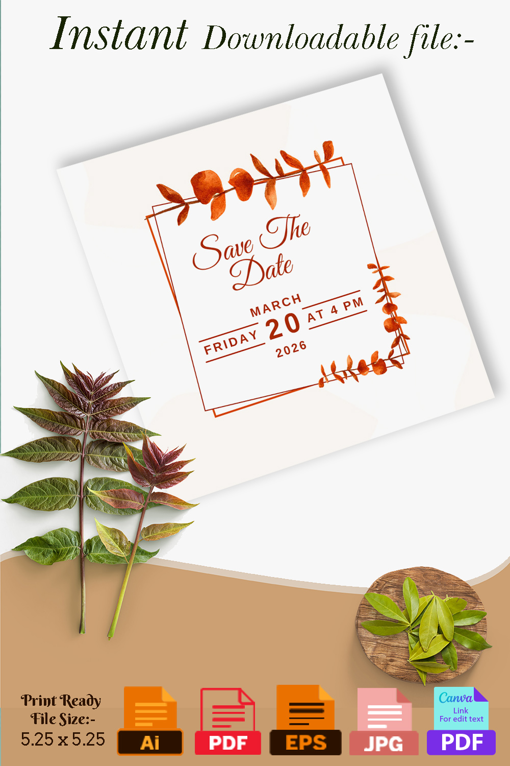 Image of marvelous wedding invitation with leaves.