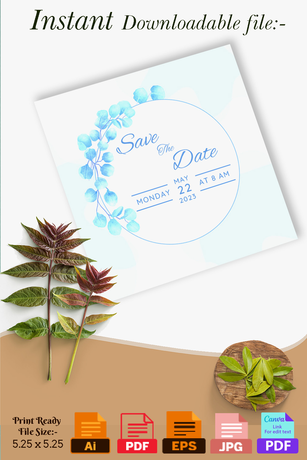 Watercolor Blue Floral Wedding Card Design Pinterest image.