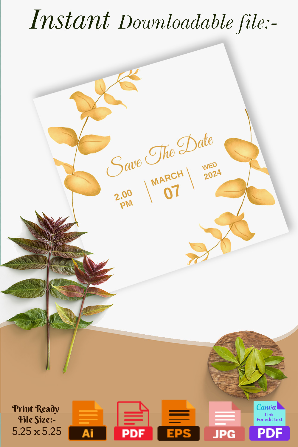 Pinterest image for Orange Сolor Leaves With Wedding Card Design.