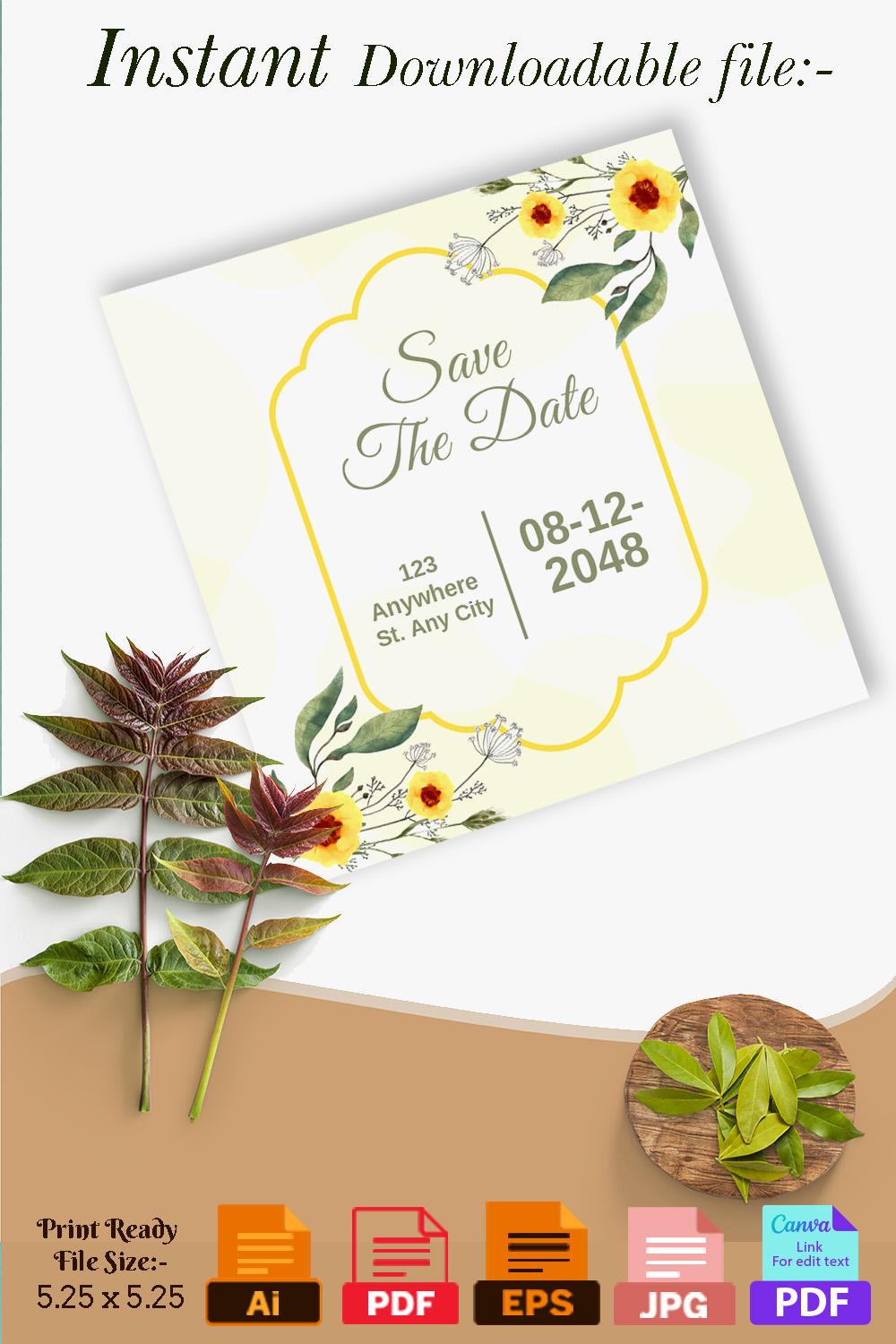 Image of irresistible wedding invitation with yellow flowers.