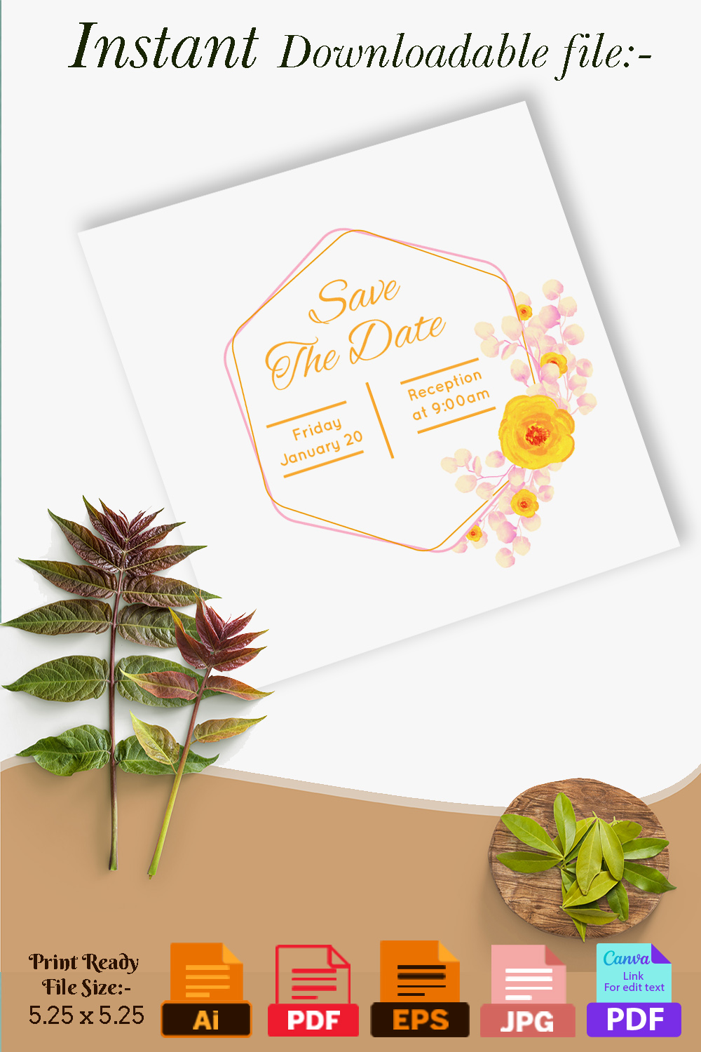 Yellow Floral and Watercolor Leaf Wedding Card Pinterest image.