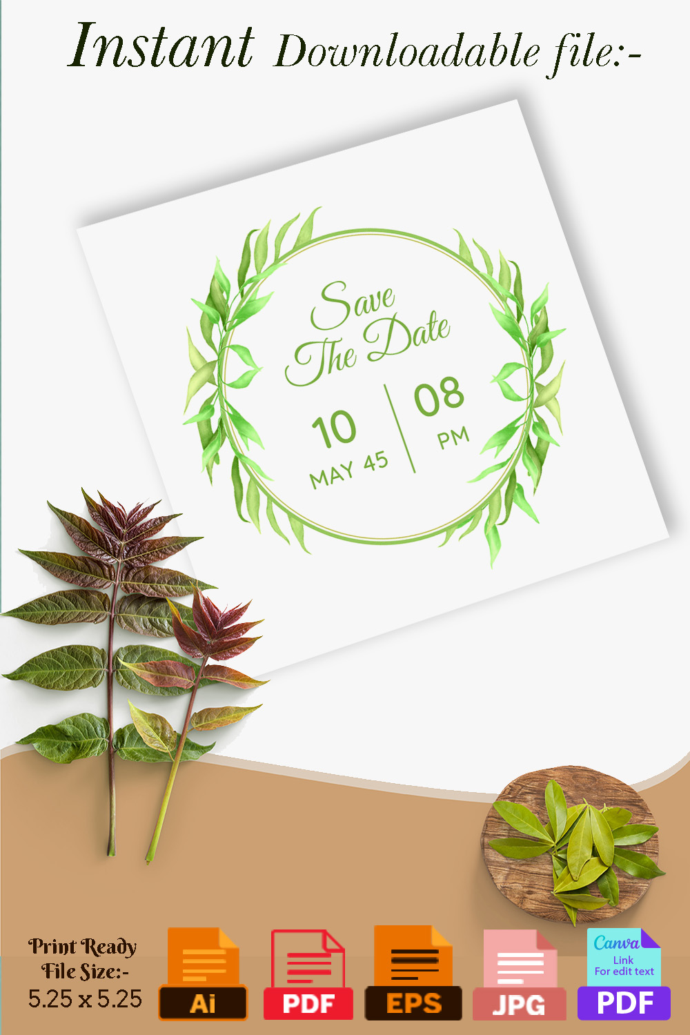 Pinterest image with Wedding Invitation Card with Floral Leaf.