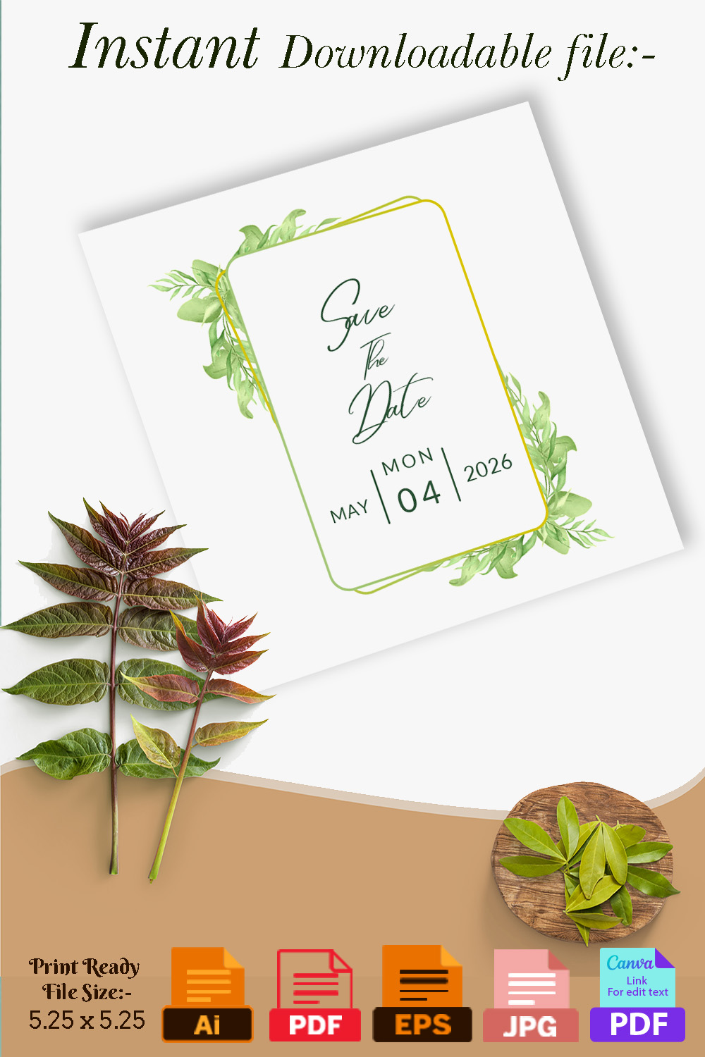 Pinterest collage image with Beautiful Wedding Card with Leaf Design.