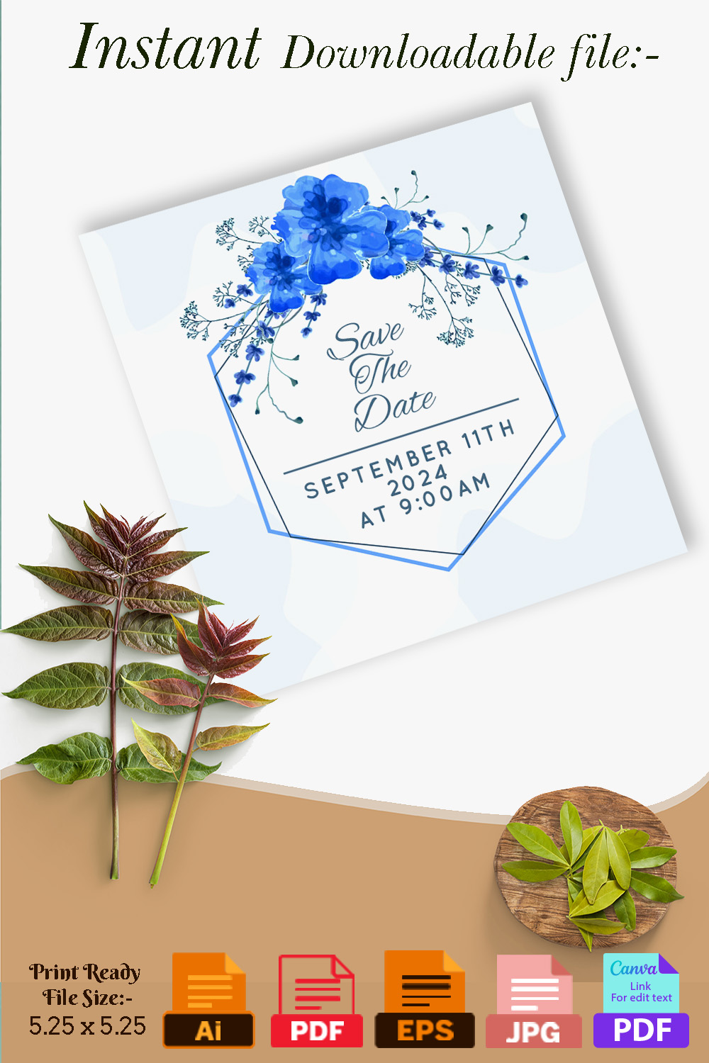 Blue Floral Happy Wedding Invitation Template Pinterest image.