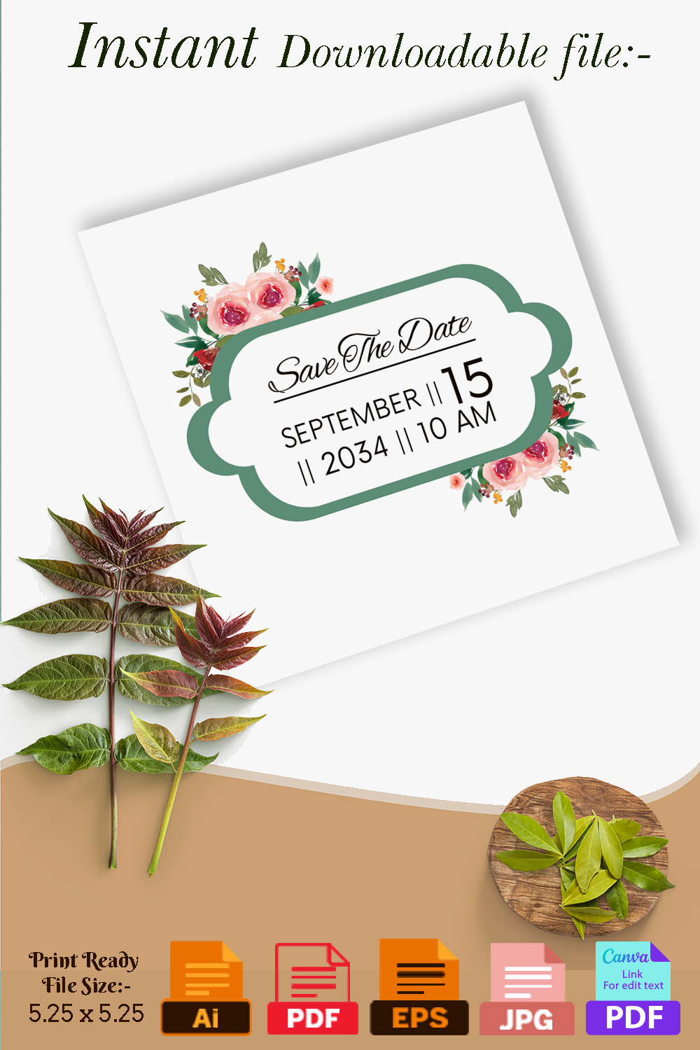 Green Frame Rose Floral Wedding Card Pinterest collage image.