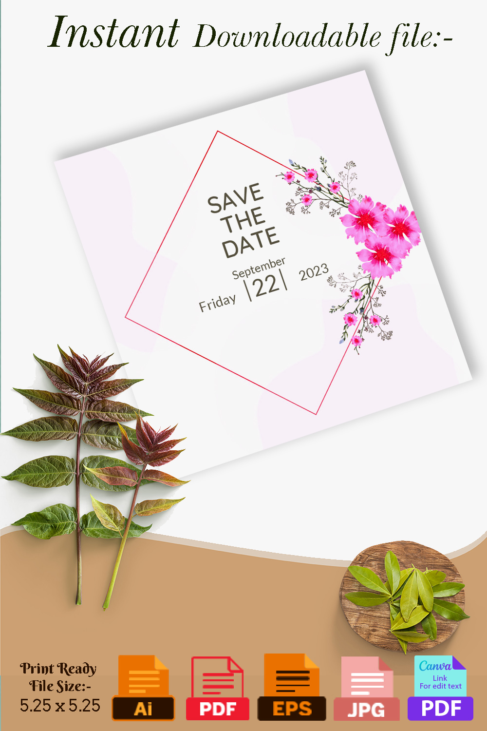 Simple Wedding Card Vector Design with Floral Pinterest image.