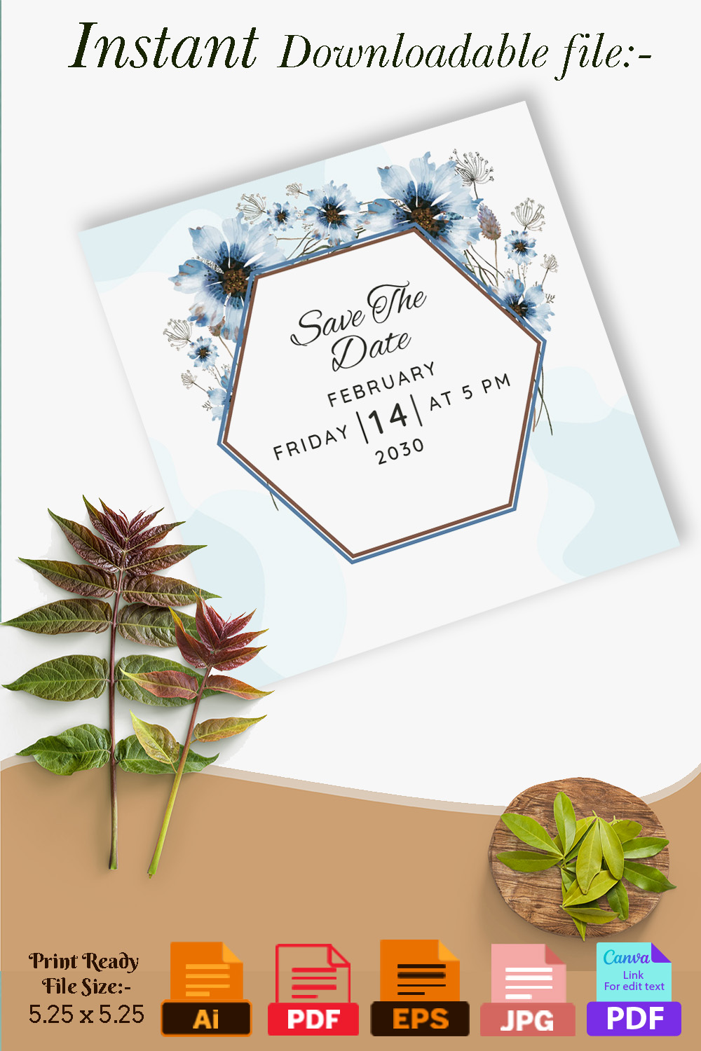 Blue Watercolor Florals Wedding Invitation Card Pinterest image.