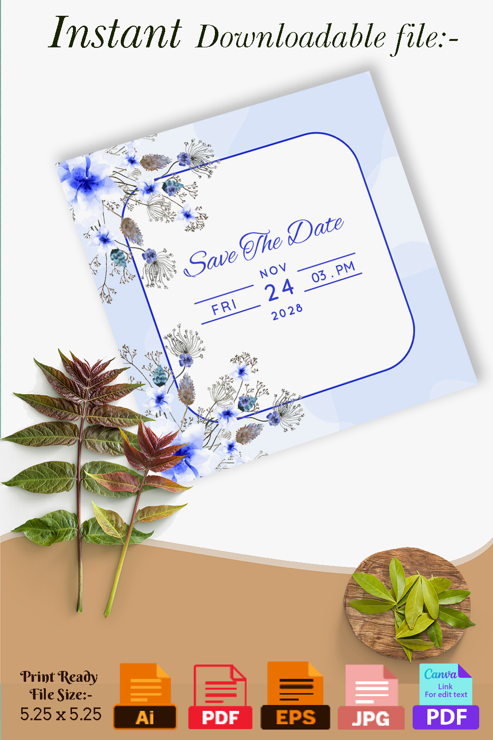 Blue White Floral Wedding Invitation Card Pinterest image.