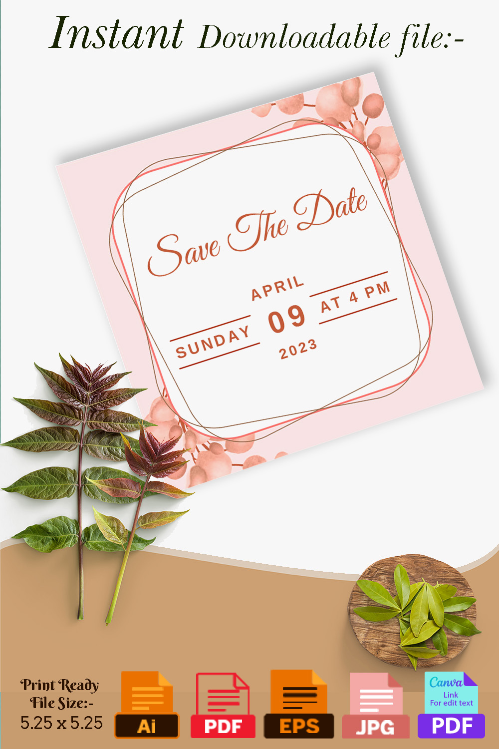 Orange Watercolor Leaf Wedding Card Design Pinterest image.