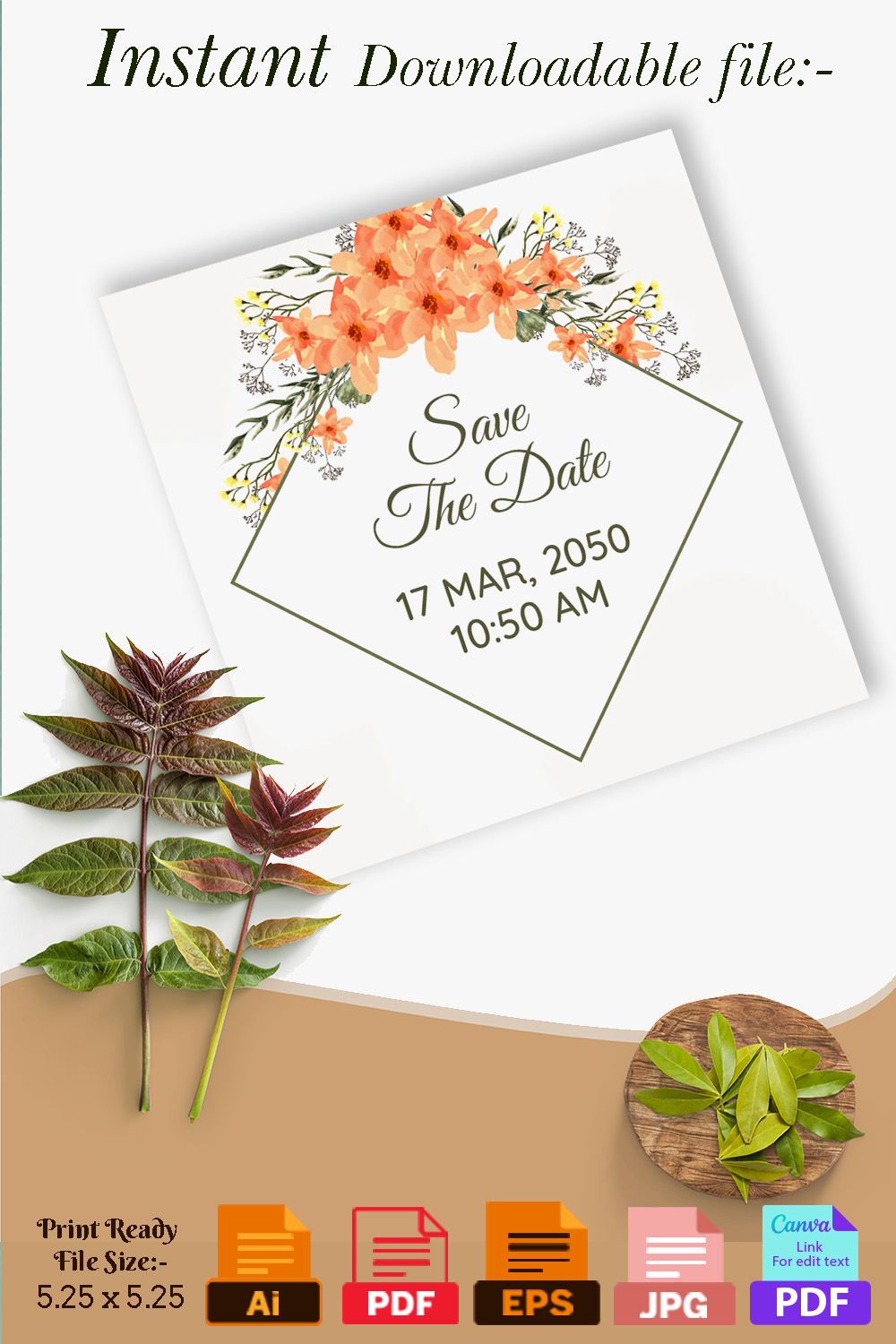 Image of charming wedding card with floral design.