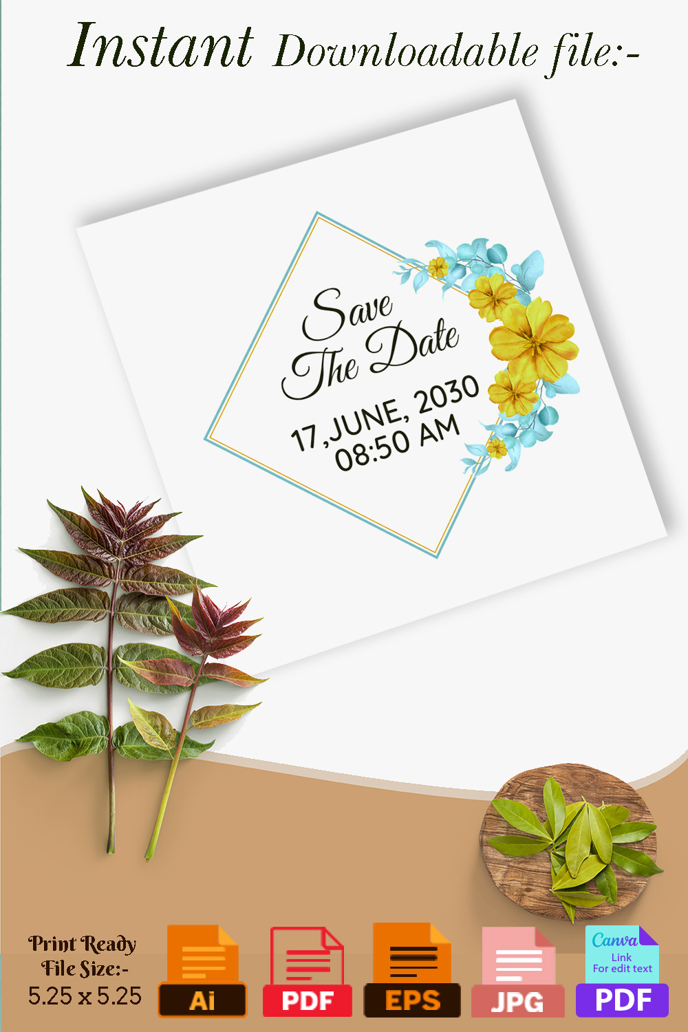 Green Floral Wedding Invitation Card Pinterest image.