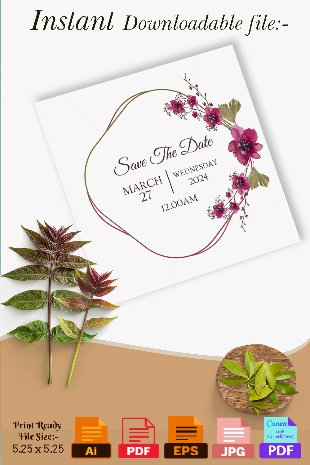 Floral Geometrical Frame Wedding Card Pinterest image.