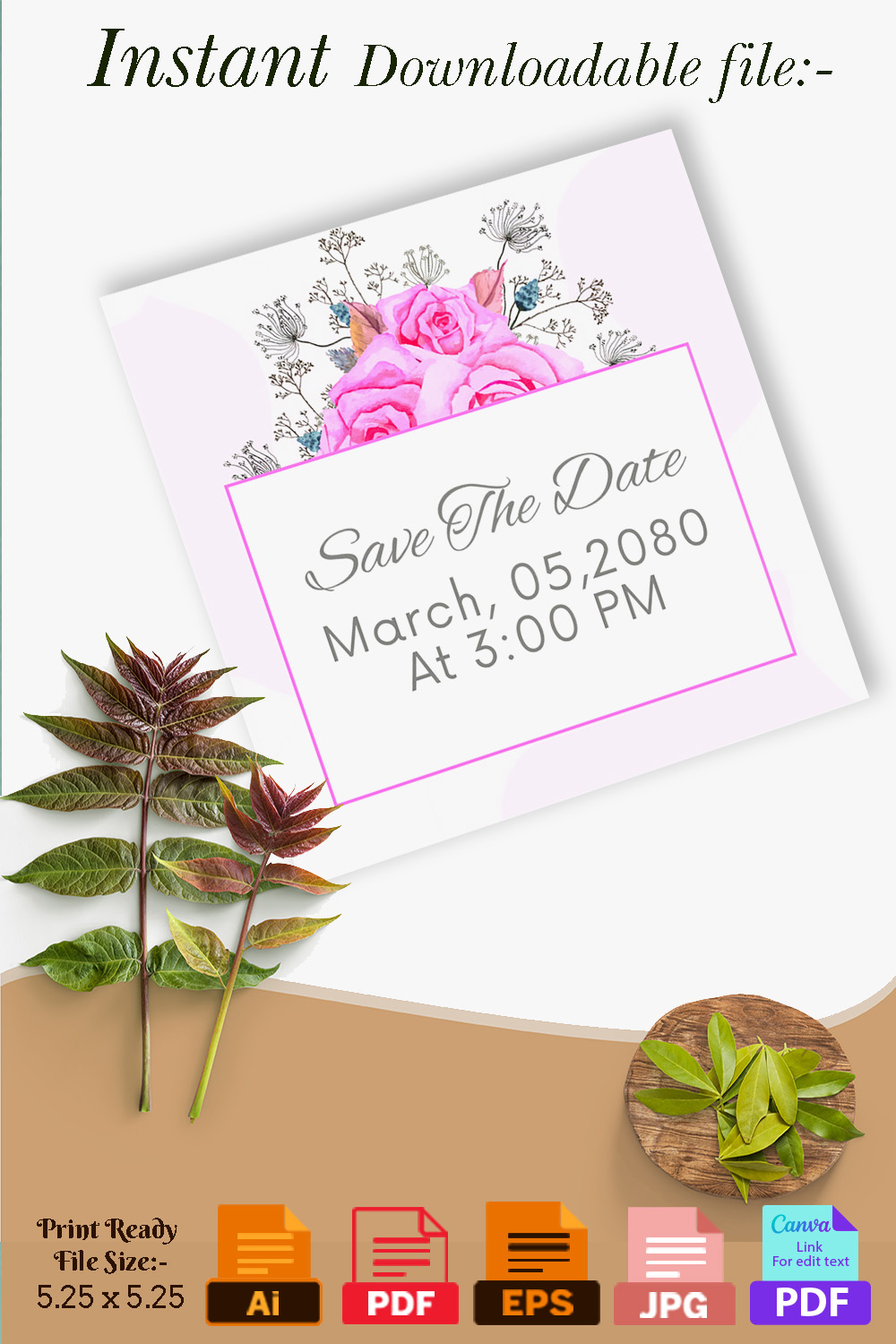 Wedding Card Template with Pink Rose Florals Watercolor Pinterest image.