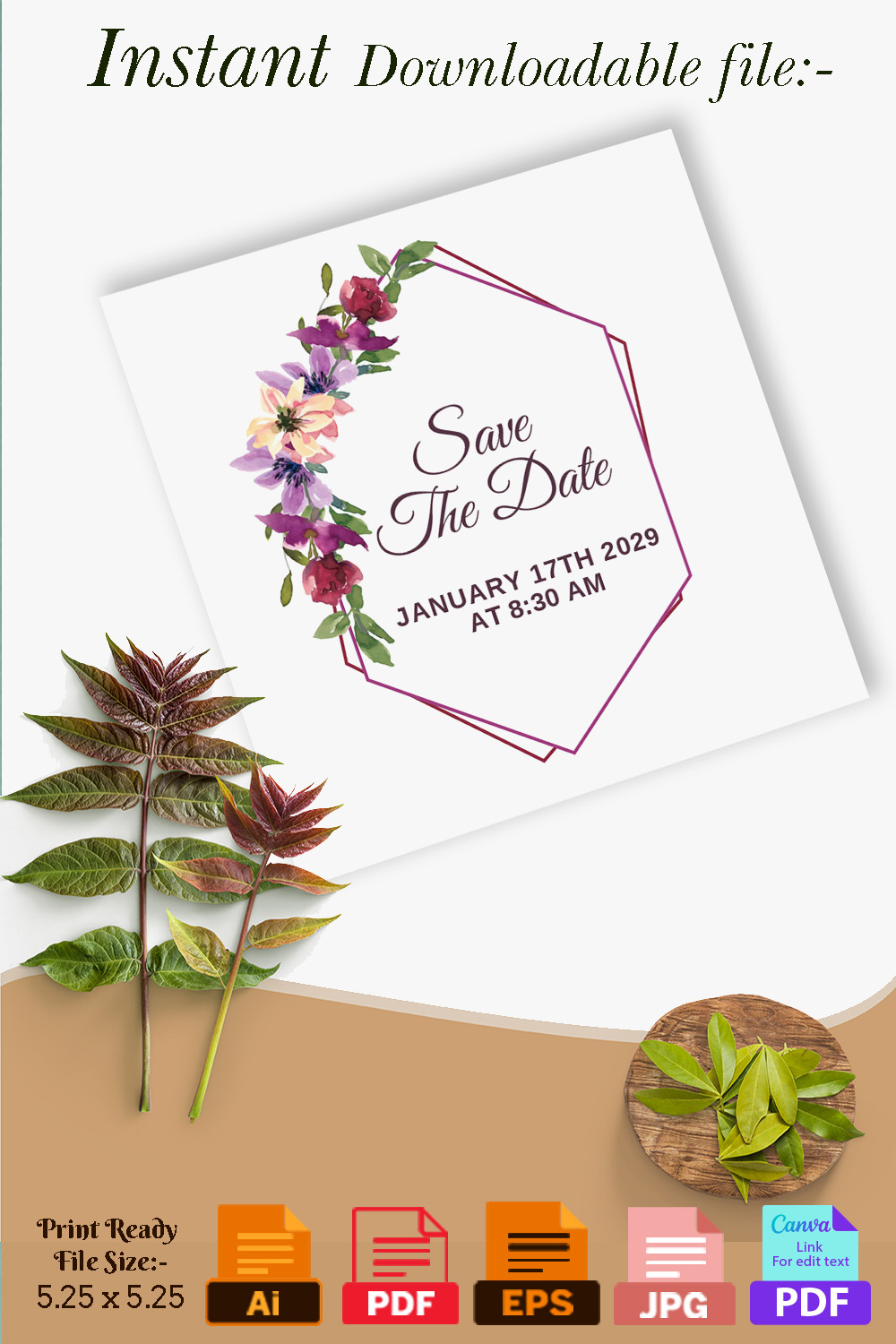 Floral Wedding Invitation Design pinterest image.