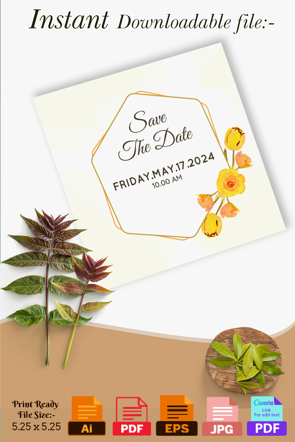 Floral Wedding Invitation Card Vector Pinterest image.