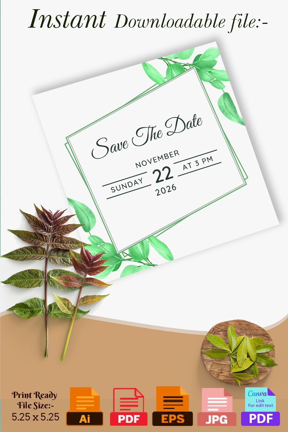 Geometric Wedding Card with Leaf Design Pinterest image.