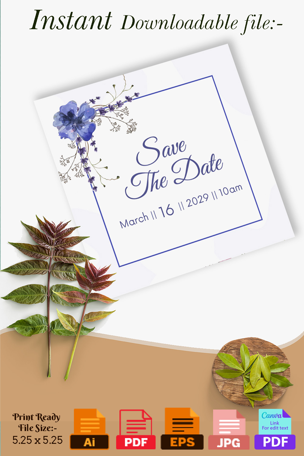 Navy Blue Floral Wedding Invitation Card Template Pinterest image.