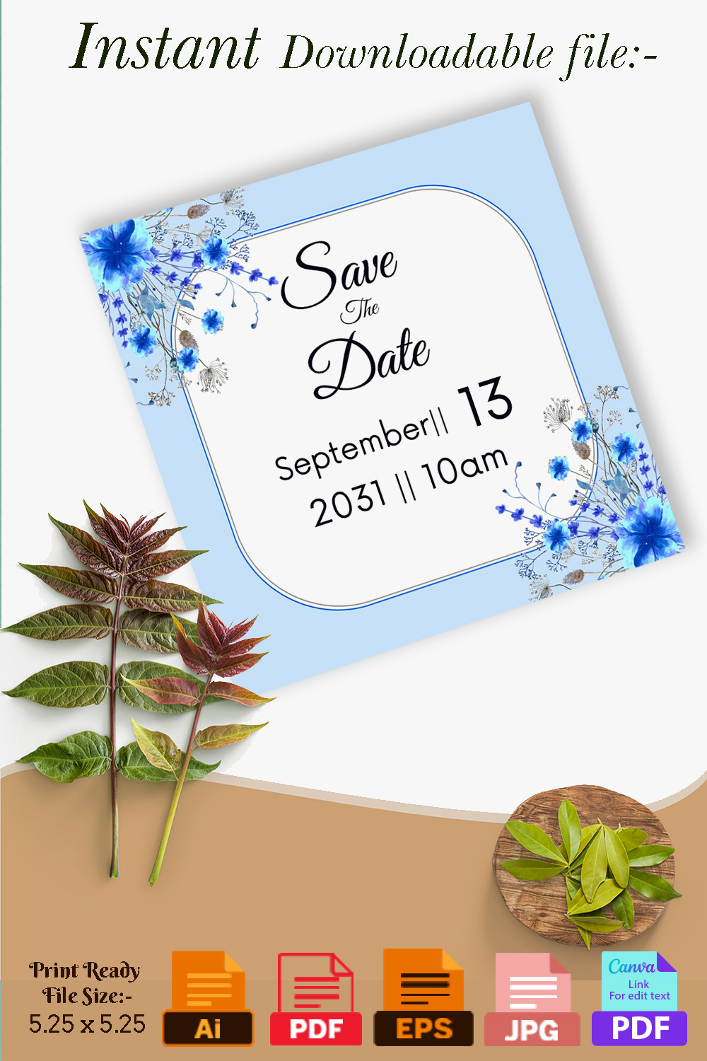 Blue Floral Design Wedding Card Vector Pinterest image.