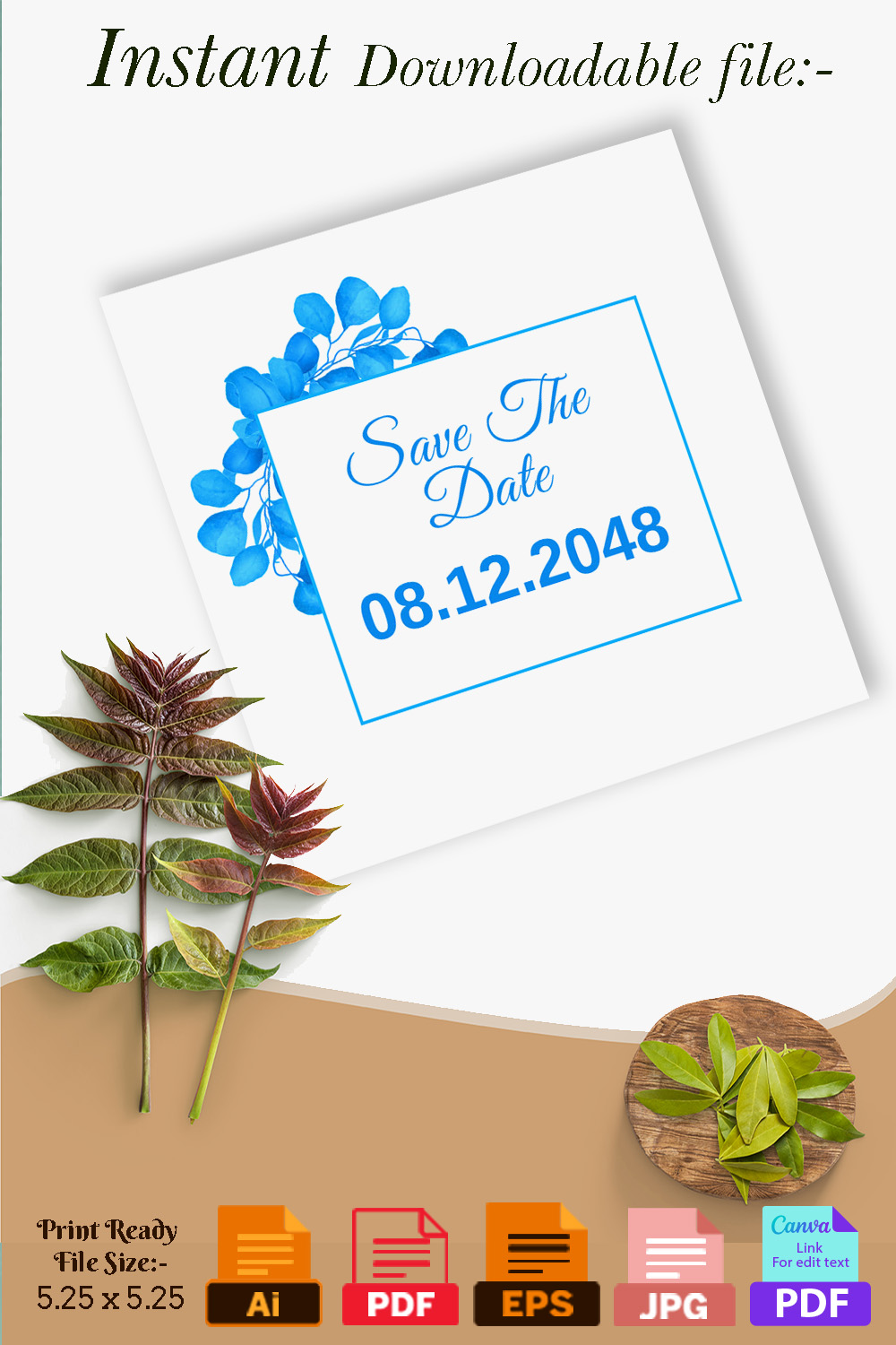 Wedding Card Design with Blue Leaf Pinterest image.