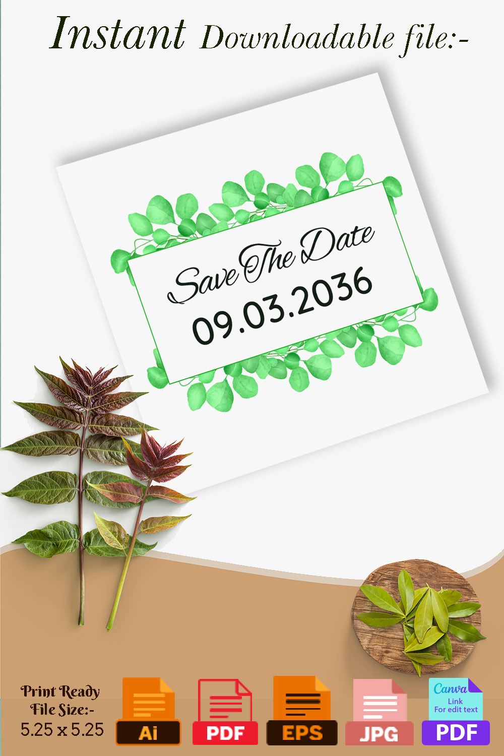 Wedding Сard with Green Leaves Border Pinterest image.