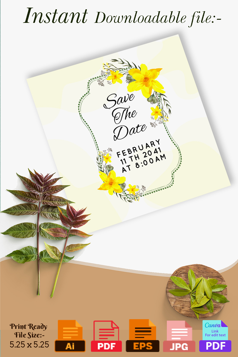 Image of marvelous wedding invitation with yellow flowers.