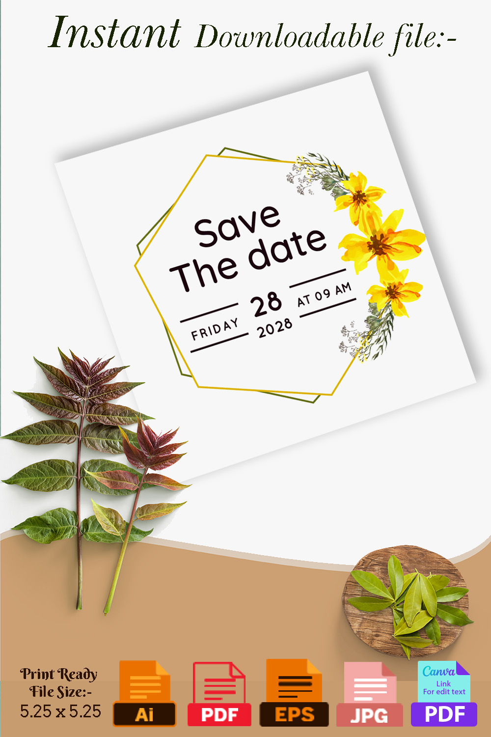 Pinterest image with Yellow Wedding Invitation Card Vector.