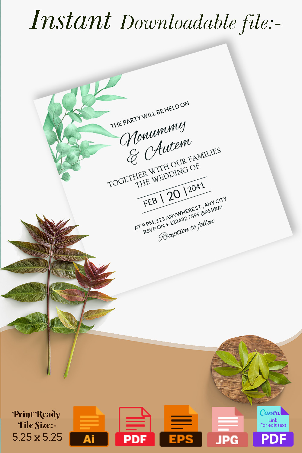 Watercolor Leaf Wedding Invitations Card Pinterest image.