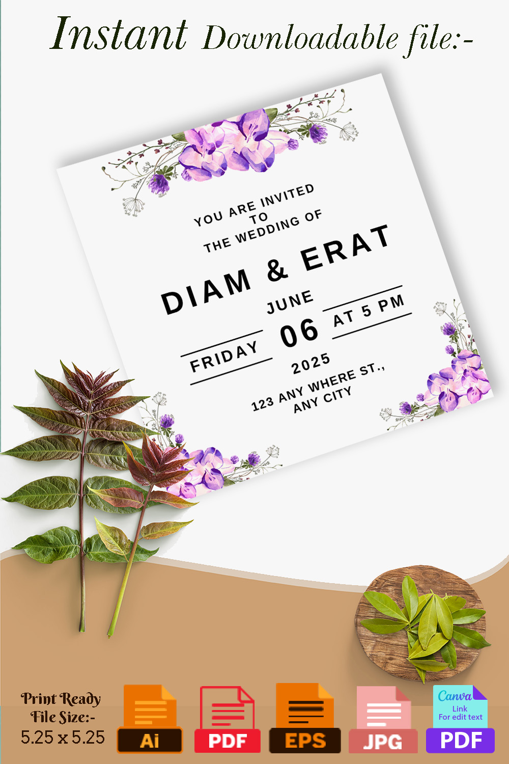 Wedding Invitation with Wonderfull Violet Florals Design pinterest image.