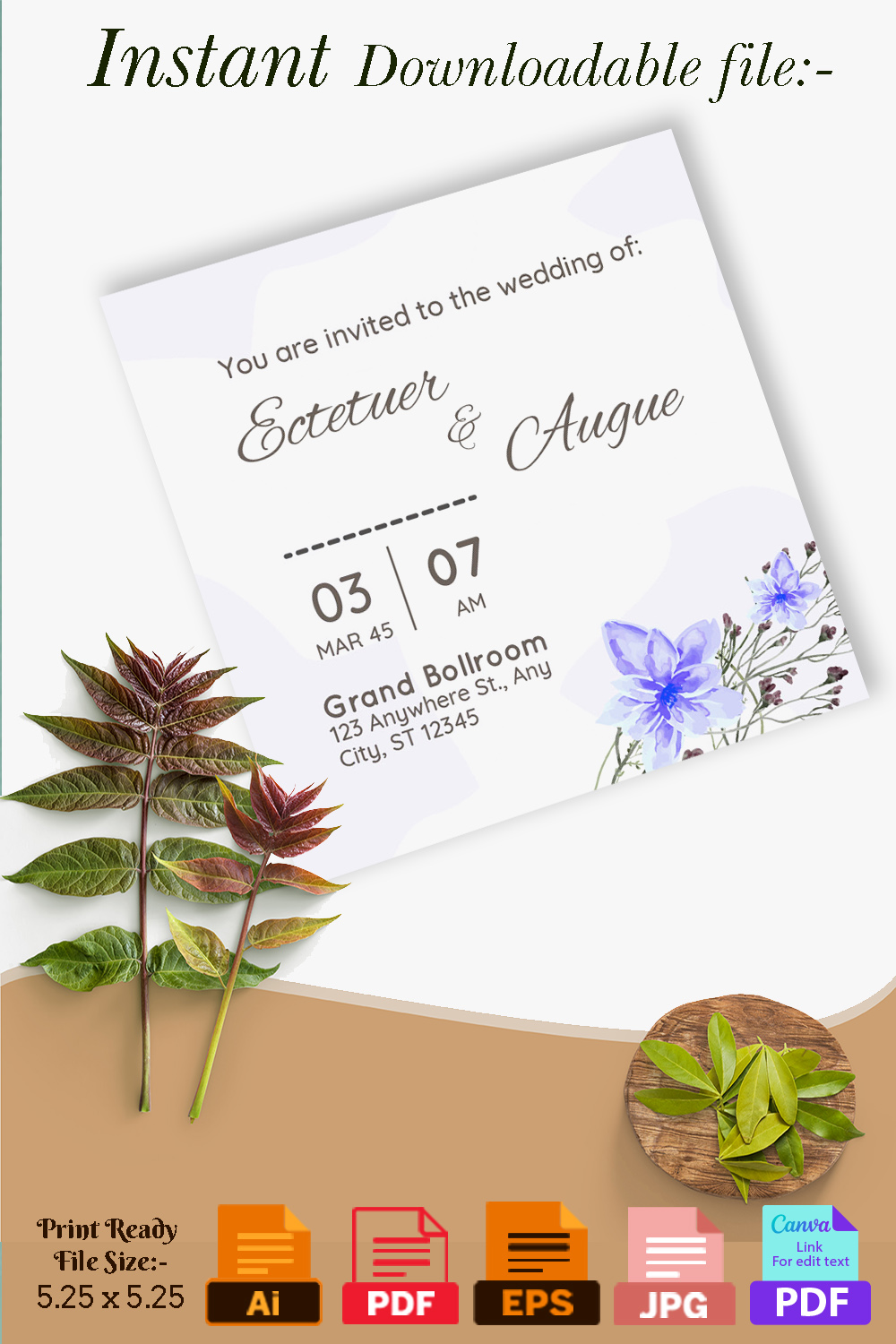 Image of exquisite wedding invitation with watercolor blue flowers.