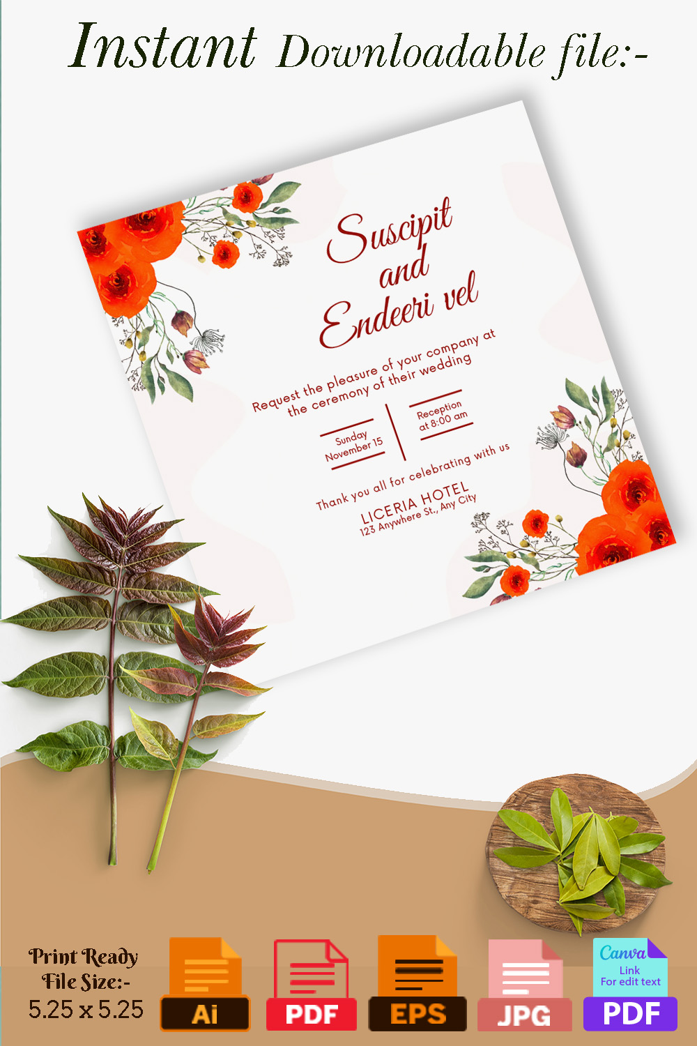 Image of unique wedding invitation with watercolor orange roses.