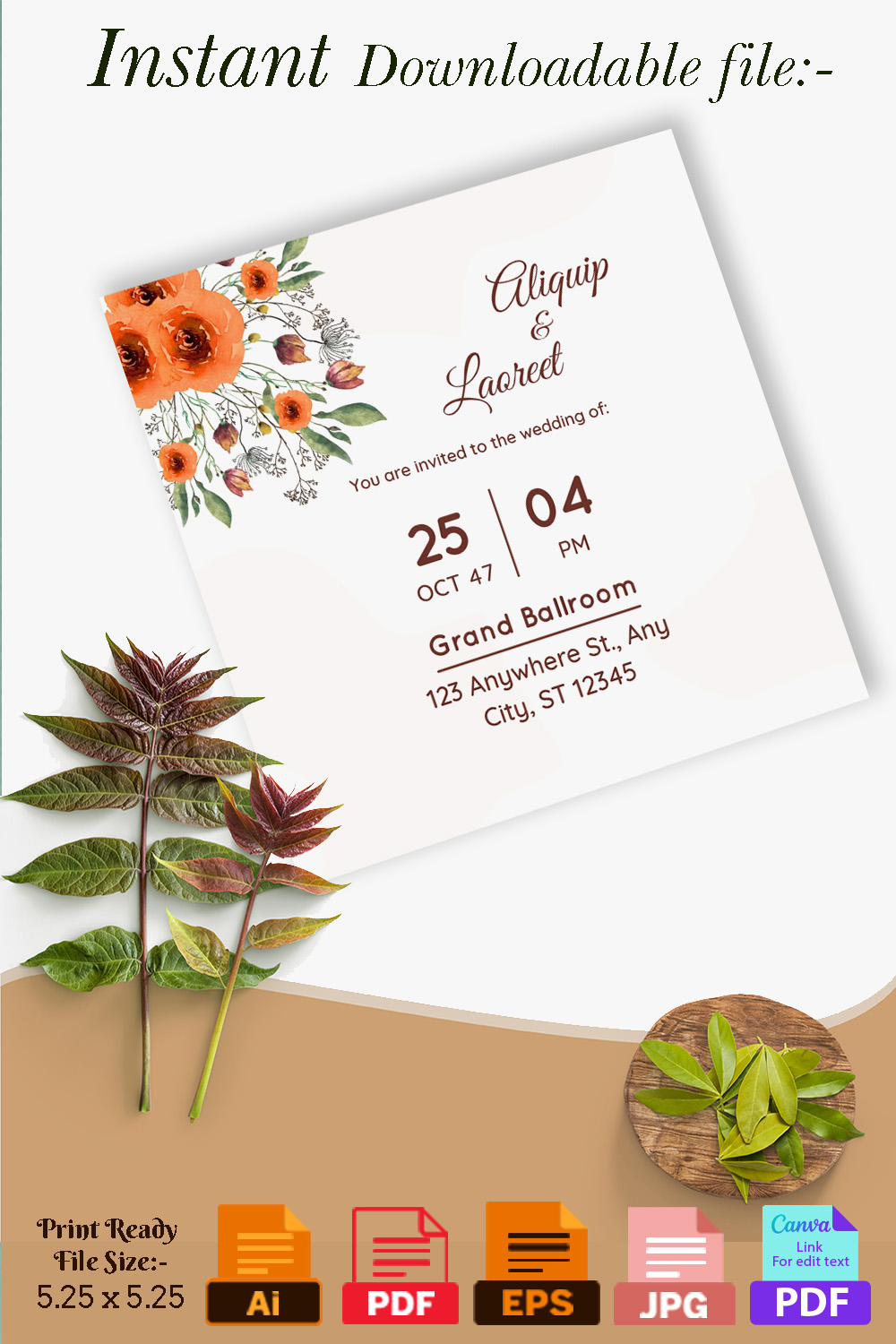 Yellow Rustic Floral Wedding Invitations Pinterest image.