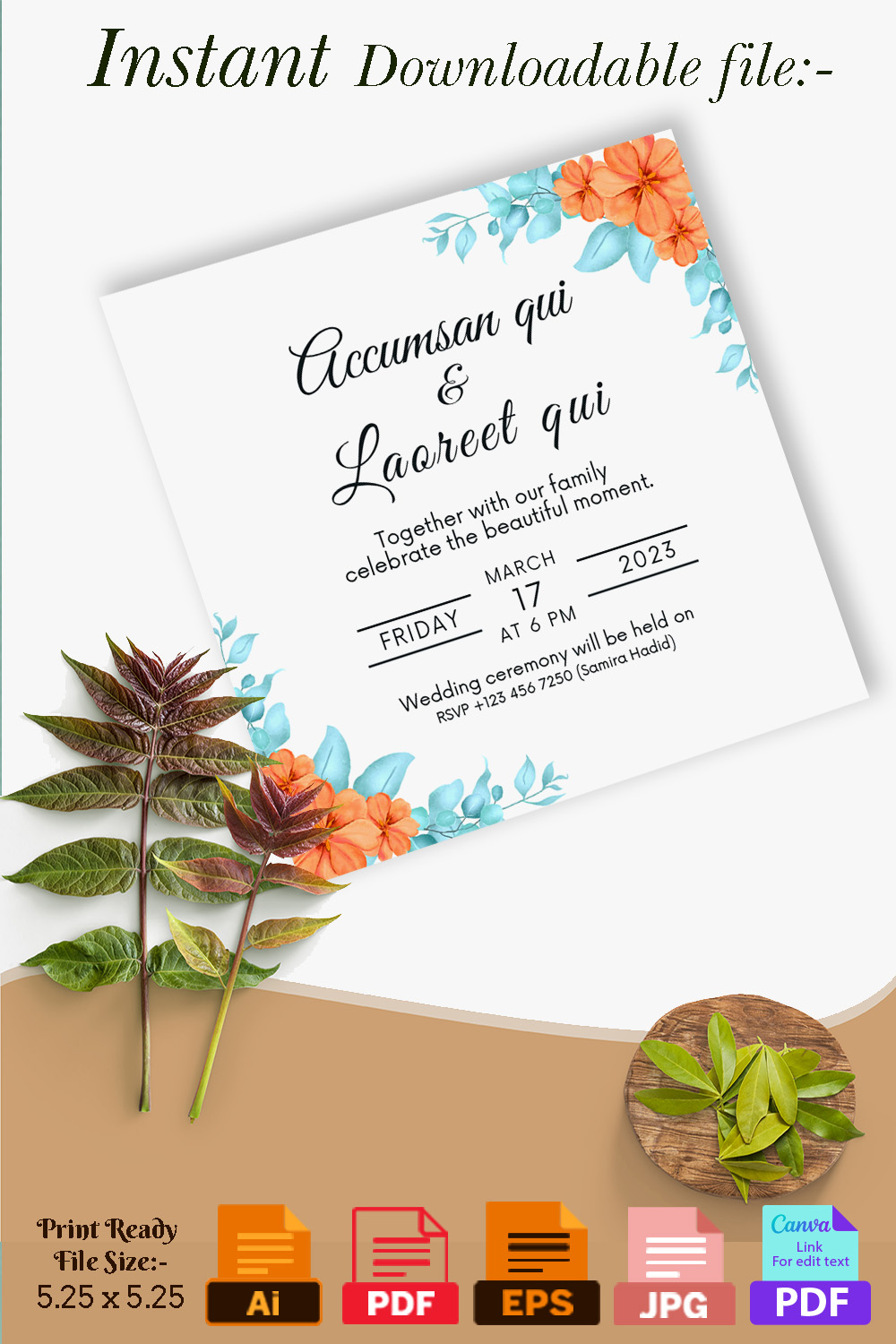 Pinterest image with Blue Leaves Orange Floral Wedding Card Template.