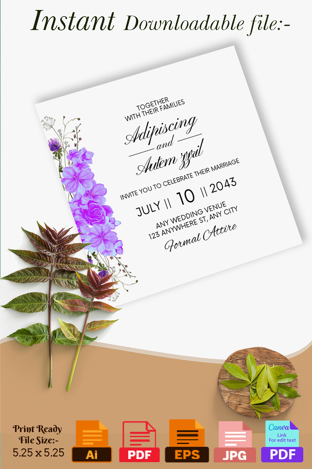 Square Wedding Invitation Card Watercolour Floral Background pinterest image.