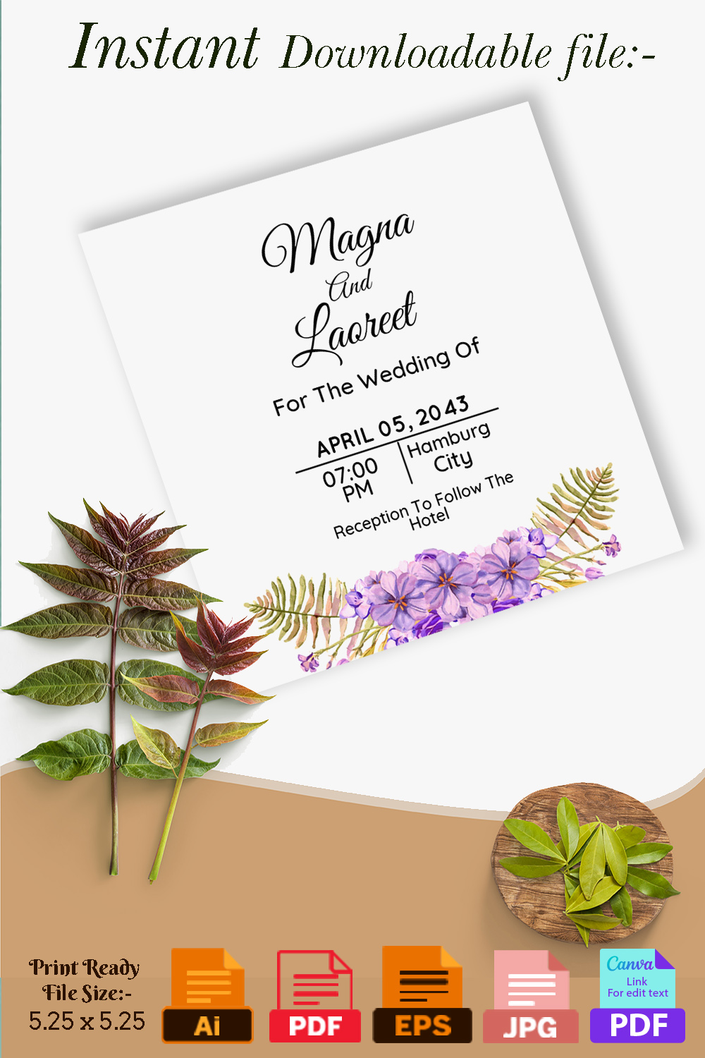 Picture of a wedding invitation card with a charming design