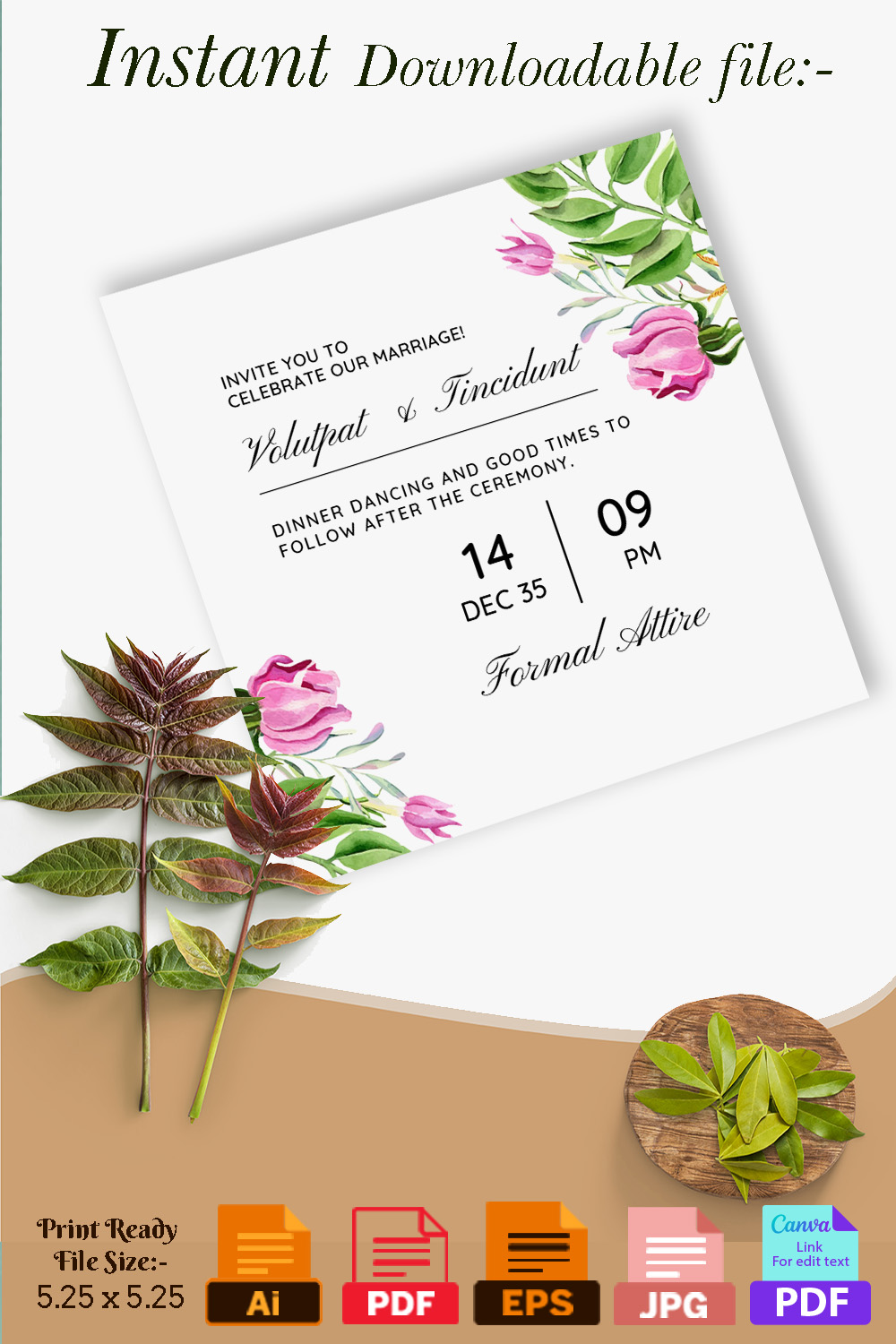 Picture of a wedding invitation card with a charming design