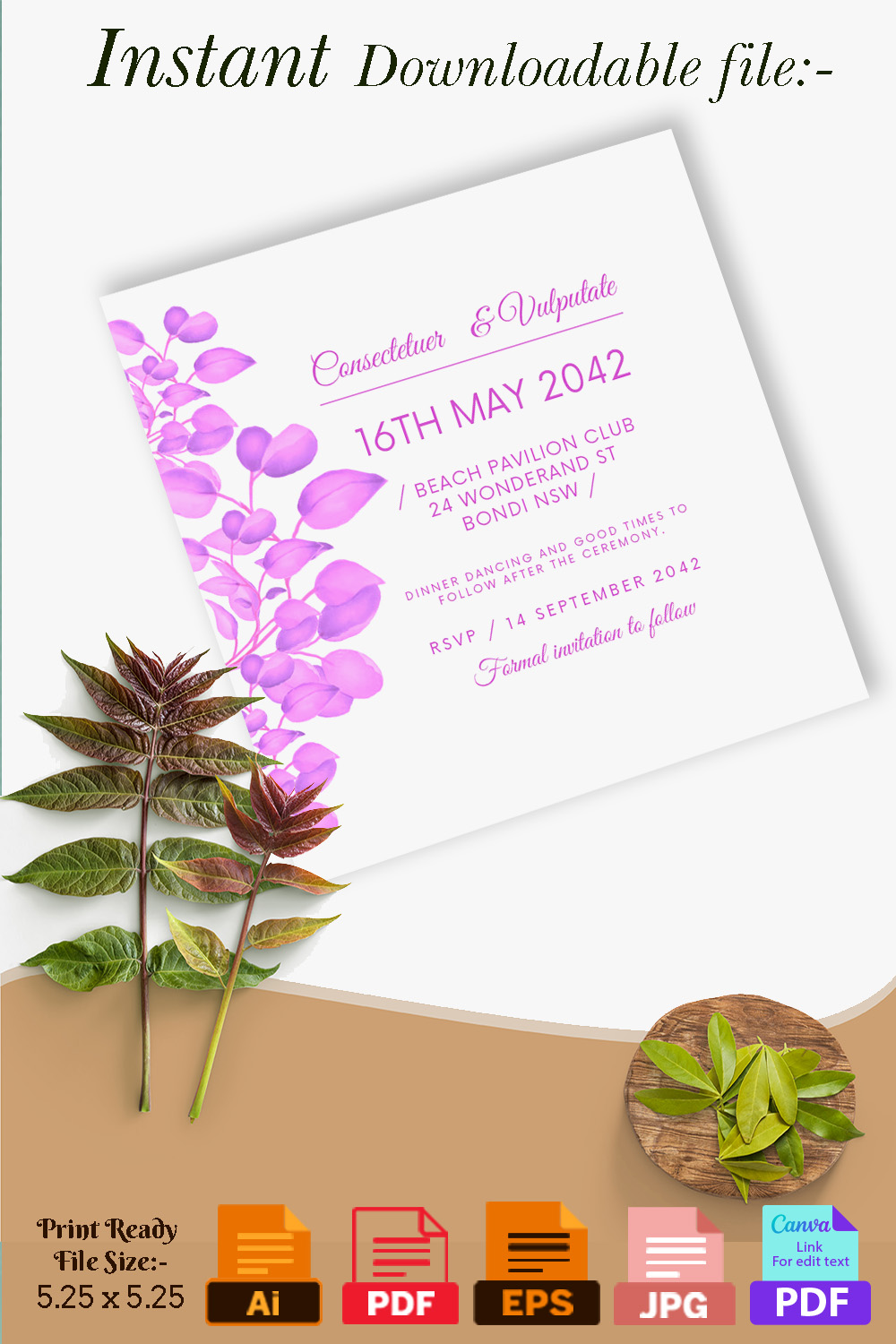 Beautiful Leaf Wedding Invitation Card Pinterest image.