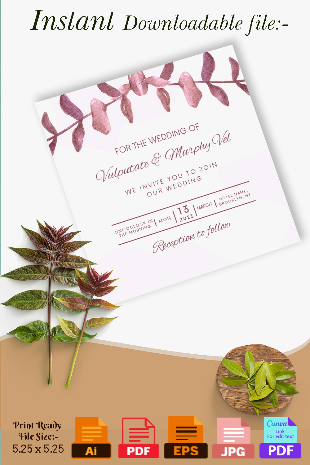 Image of exquisite wedding invitation with purple leaves.