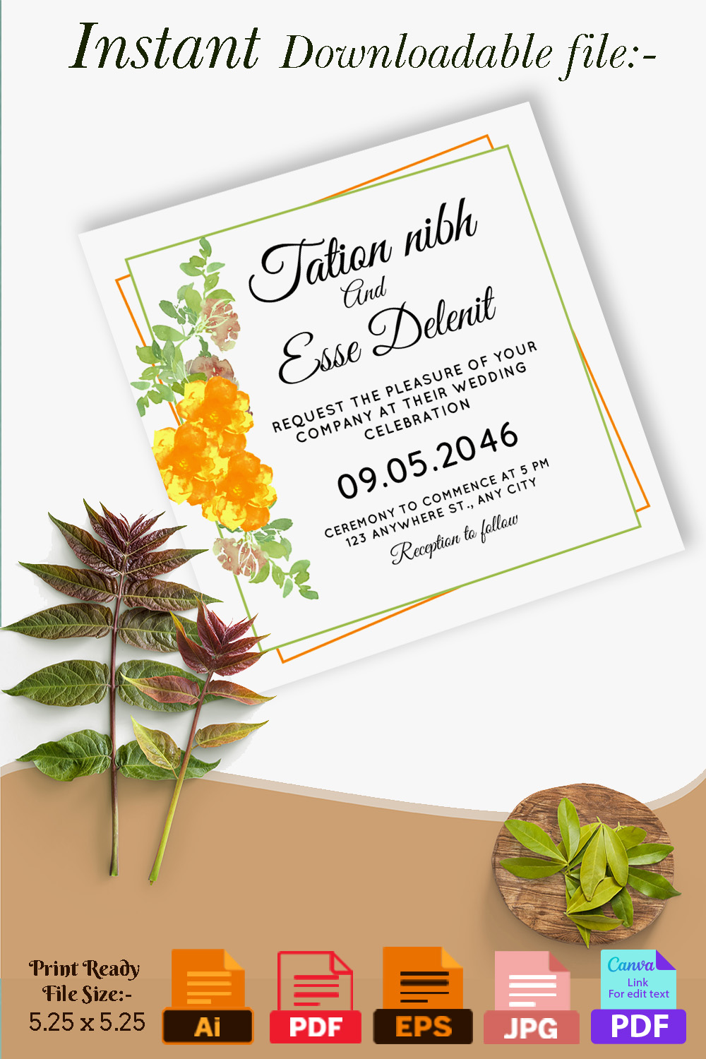 Pinterest image with Watercolor Floral Frame Wedding Card Vector.