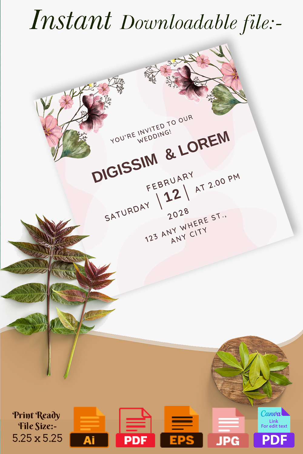 Watercolor Wedding Invitation Card with Flowers Pinterest image.