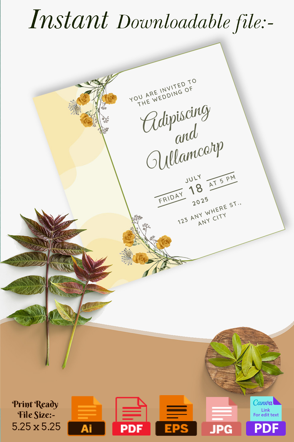 Image of amazing wedding card with yellow roses.