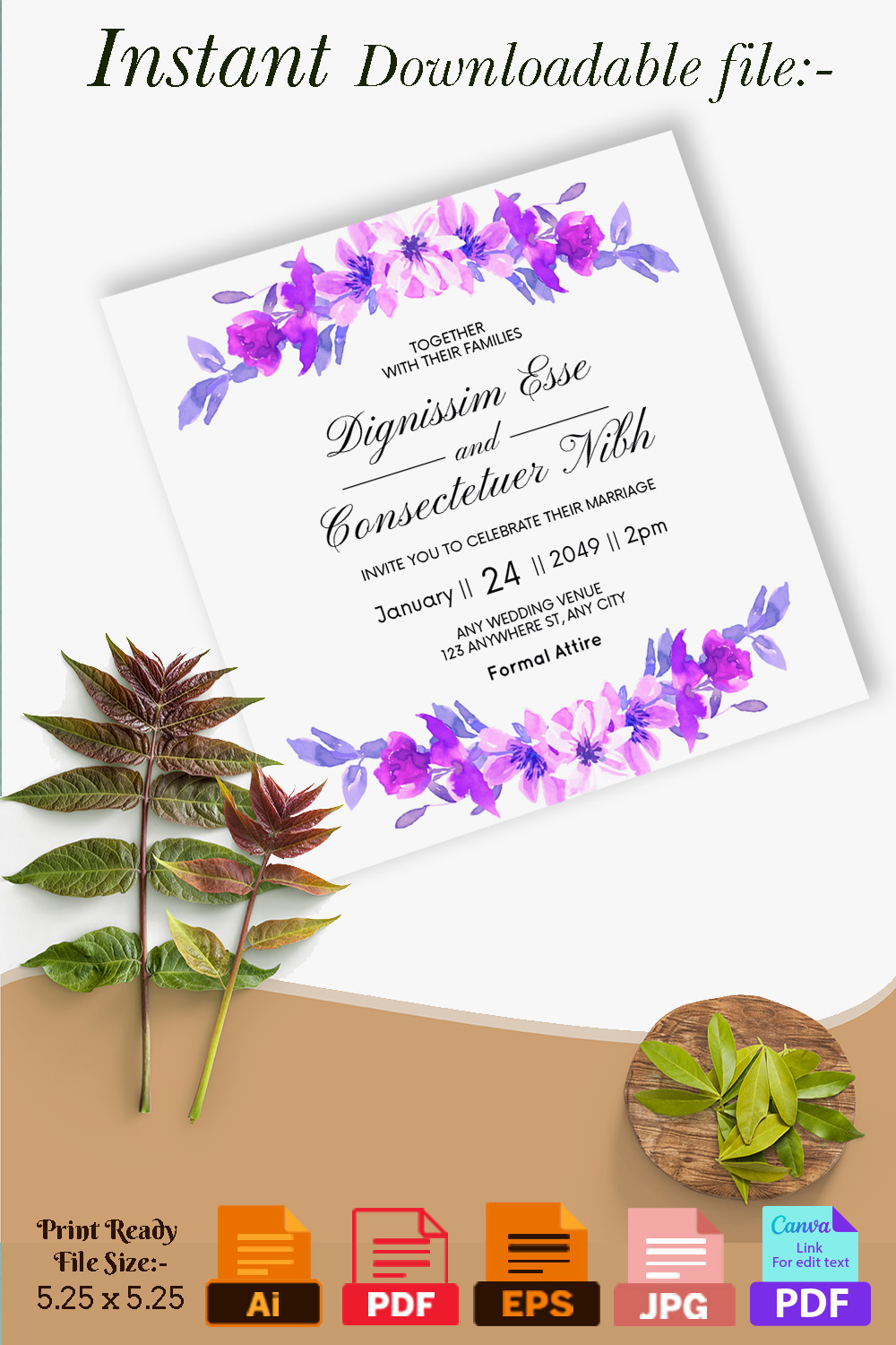 Gorgeous Floral Wedding Card Template pinterest image.